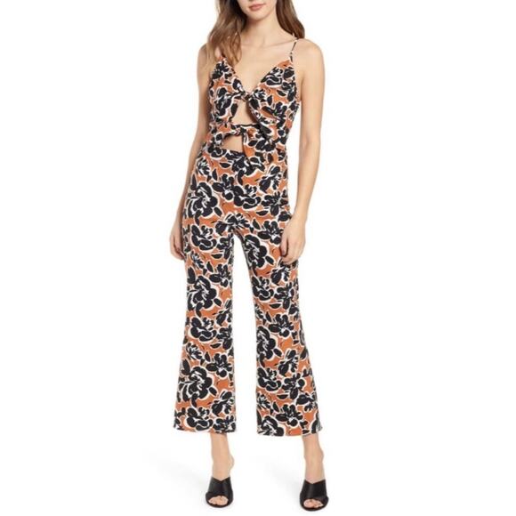 Leith Floral Cut out  Wide Crop Leg Linen Blend Jumpsuit Size Medium - Picture 1 of 14